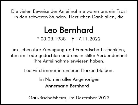 Traueranzeige von Leo Bernhard von vrm-trauer AZ Mainz