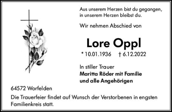 Traueranzeige von Lore Oppl von vrm-trauer Groß-Gerauer Echo