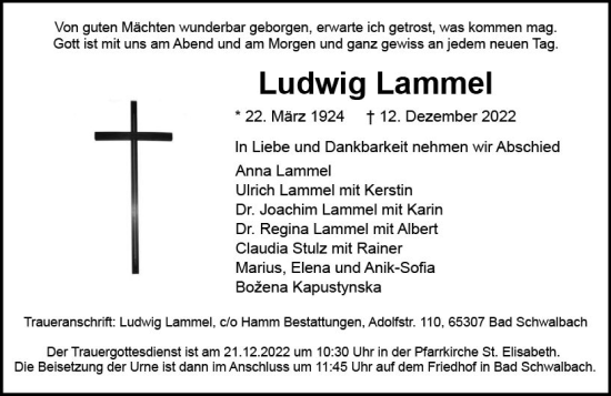 Traueranzeige von Ludwig Lammel von vrm-trauer Wiesbadener Kurier