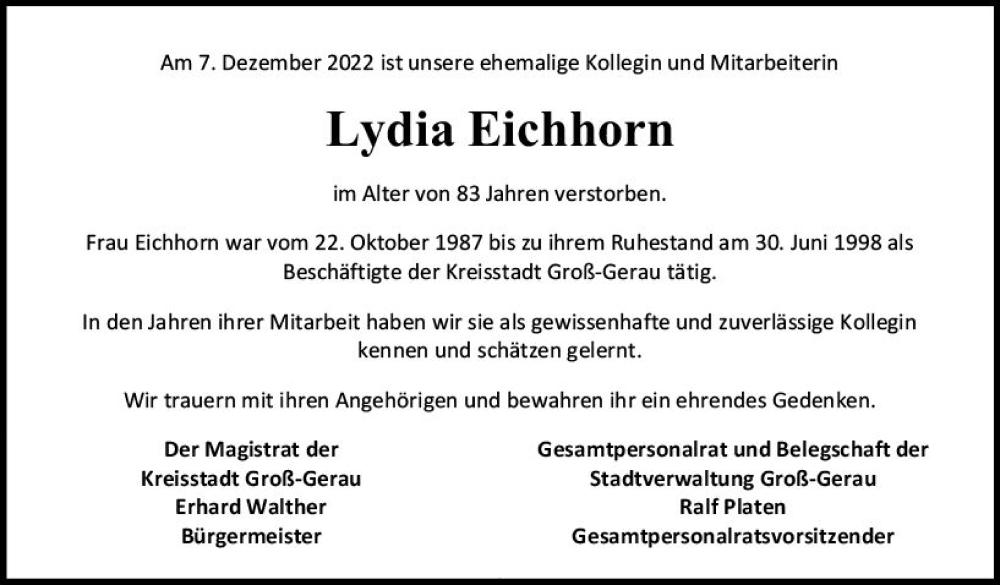  Traueranzeige für Lydia Eichhorn vom 17.12.2022 aus vrm-trauer Groß-Gerauer Echo