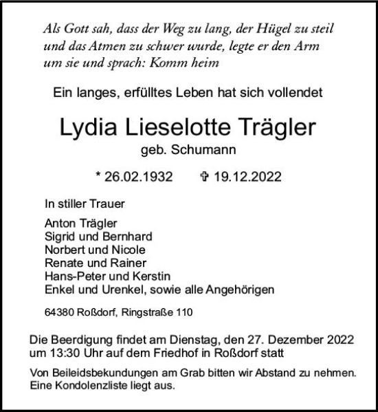 Traueranzeige von Lydia Lieselotte Trägler von vrm-trauer Darmstädter Echo