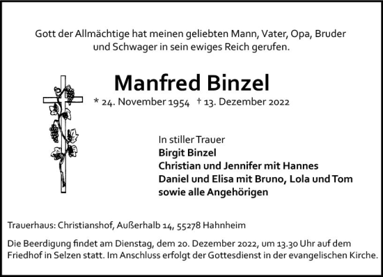 Traueranzeige von Manfred Binzel von vrm-trauer AZ Mainz