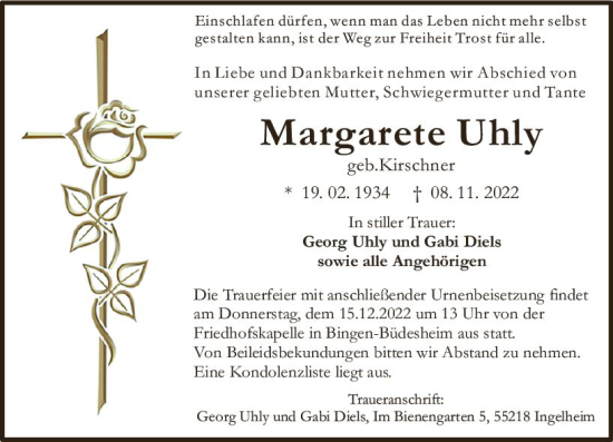 Traueranzeige von Margarete Uhly von vrm-trauer Allgemeine  Zeitung Ingelheim-Bingen