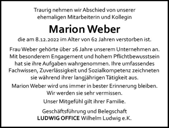 Traueranzeige von Marion Weber von vrm-trauer AZ Mainz