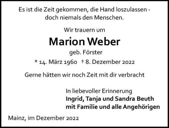 Traueranzeige von Marion Weber von vrm-trauer AZ Mainz