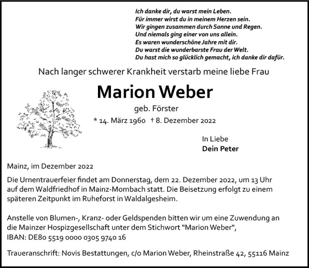  Traueranzeige für Marion Weber vom 17.12.2022 aus vrm-trauer AZ Mainz