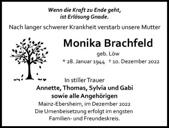Traueranzeige von Monika Brachfeld von vrm-trauer Wiesbadener Kurier