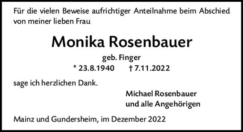  Traueranzeige für Monika Rosenbauer vom 03.12.2022 aus vrm-trauer AZ Mainz