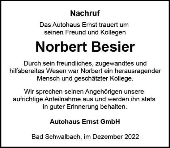 Traueranzeige von Norbert Besier von vrm-trauer WK-UTA