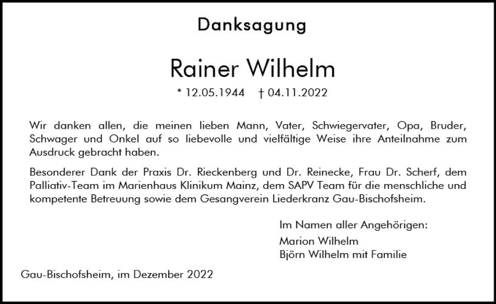  Traueranzeige für Rainer Wilhelm vom 03.12.2022 aus vrm-trauer AZ Mainz