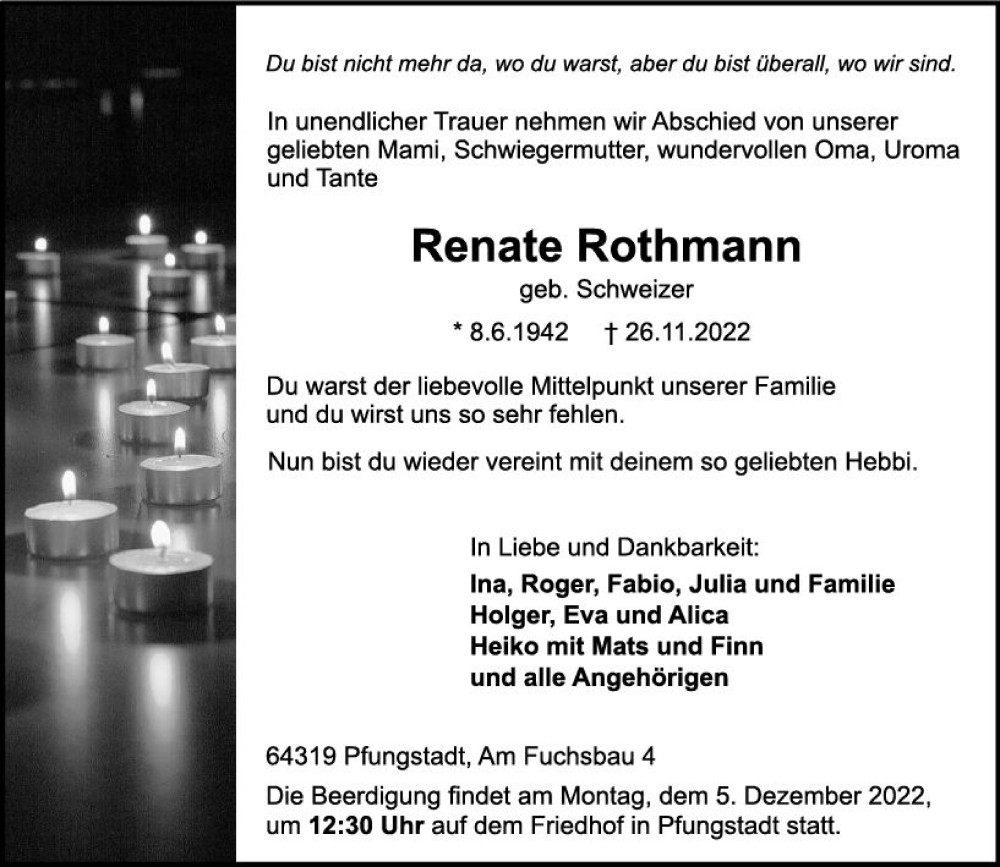  Traueranzeige für Renate Rothmann vom 03.12.2022 aus vrm-trauer Darmstädter Echo