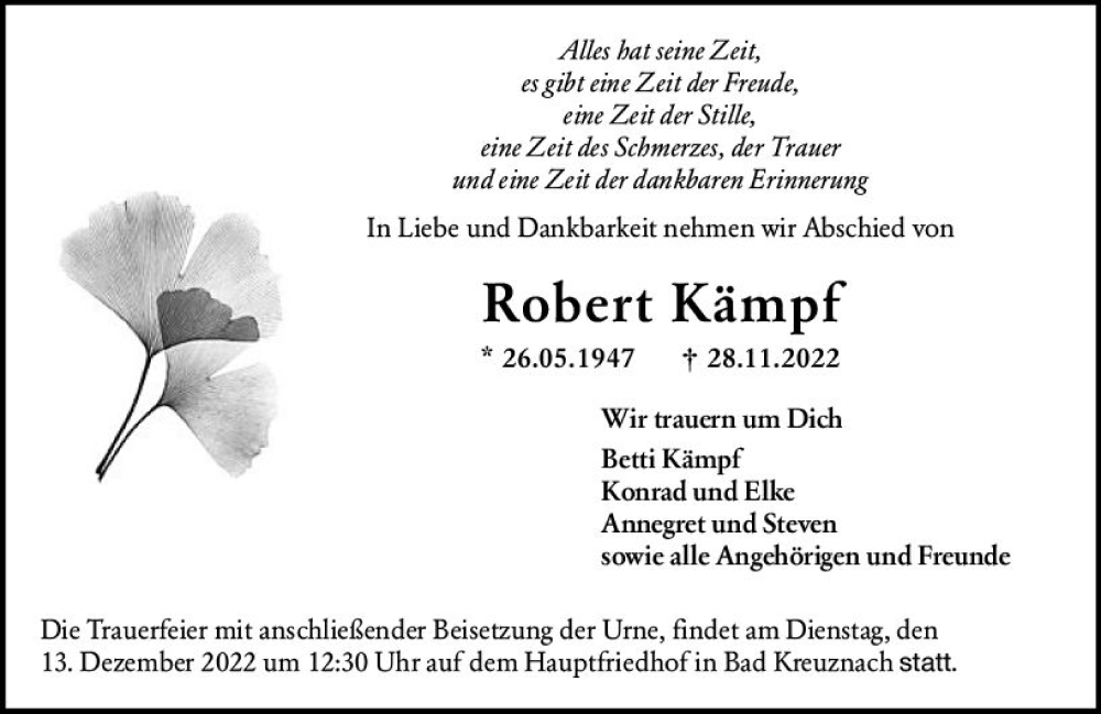  Traueranzeige für Robert Kämpf vom 03.12.2022 aus vrm-trauer Allg. Zeitung Bad Kreuznach