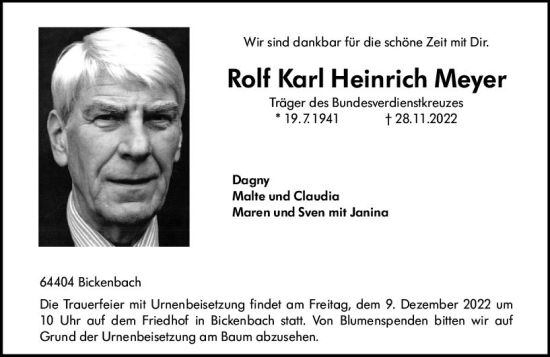 Traueranzeige von Rolf Karl Heinrich Meyer von vrm-trauer Darmstädter Echo