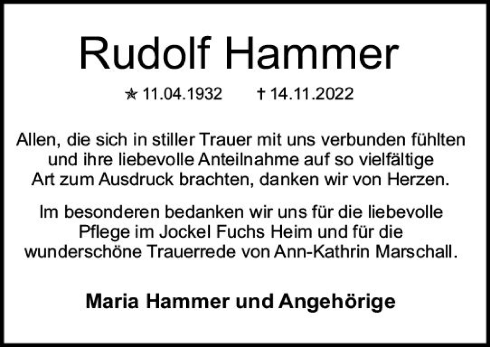  Traueranzeige für Rudolf Hammer vom 03.12.2022 aus vrm-trauer AZ Mainz
