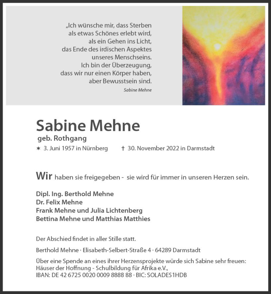  Traueranzeige für Sabine Mehne vom 10.12.2022 aus vrm-trauer Darmstädter Echo