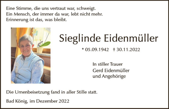 Traueranzeige von Sieglinde Eidenmüller von vrm-trauer Odenwälder Echo