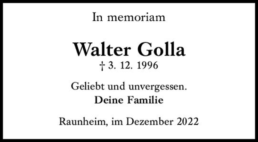 Traueranzeige für Walter Golla vom 03.12.2022 aus vrm-trauer Rüsselsheimer Echo / MainSpitze