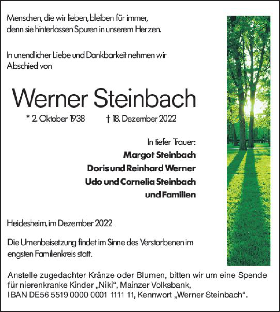  Traueranzeige für Werner Steinbach vom 27.12.2022 aus vrm-trauer Allgemeine  Zeitung Ingelheim-Bingen