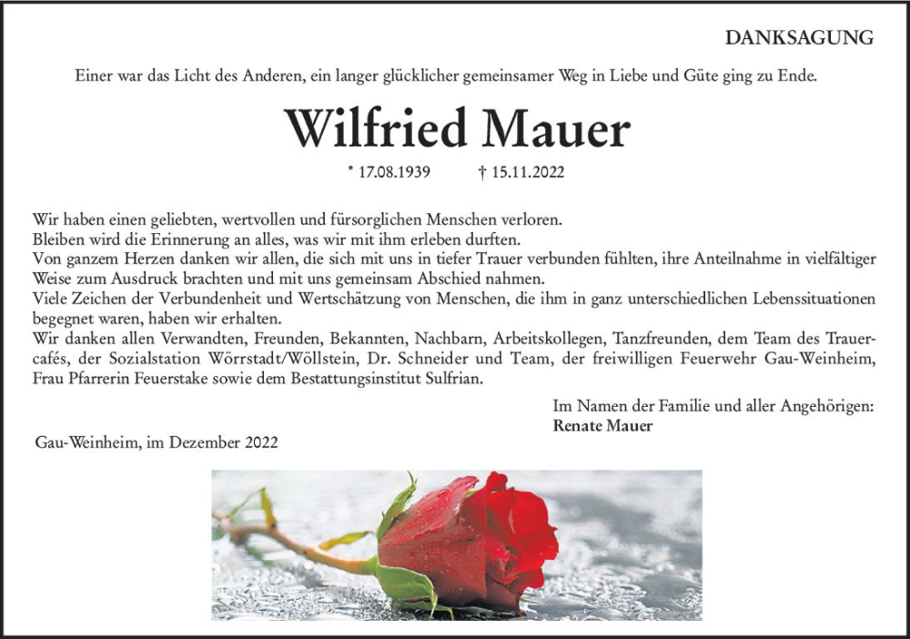  Traueranzeige für Wilfried Mauer vom 17.12.2022 aus vrm-trauer Allgemeine Zeitung Alzey