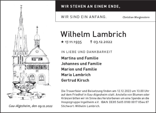 Traueranzeige von Wilhelm Lambrich von vrm-trauer Allgemeine  Zeitung Ingelheim-Bingen