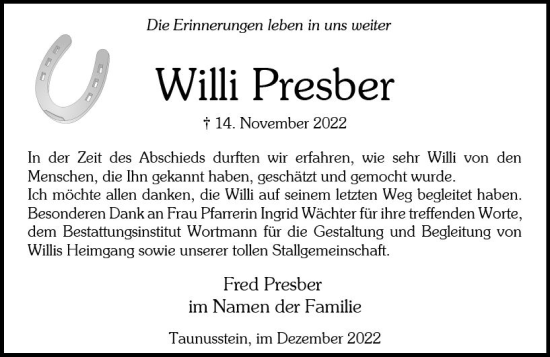 Traueranzeige von Willi Presber von vrm-trauer Wiesbadener Kurier