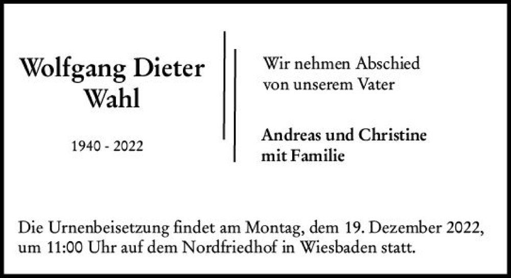  Traueranzeige für Wolfgang Dieter Wahl vom 10.12.2022 aus vrm-trauer Wiesbadener Kurier