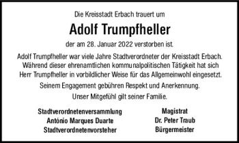 Traueranzeige von Adolf Trumpfheller von vrm-trauer Odenwälder Echo