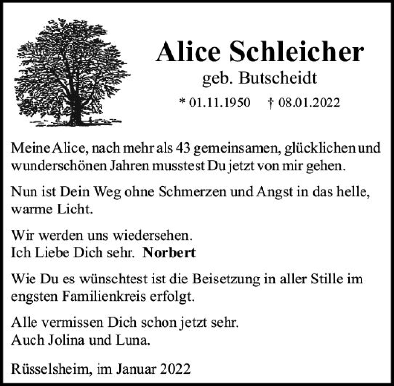  Traueranzeige für Alice Schleicher vom 05.02.2022 aus vrm-trauer Rüsselsheimer Echo / MainSpitze