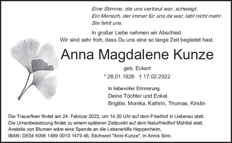  Traueranzeige für Anna Magdalene Kunze vom 21.02.2022 aus vrm-trauer Darmstädter Echo