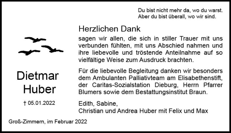  Traueranzeige für Dietmar Huber vom 05.02.2022 aus vrm-trauer DieburgerAnzeiger/Groß-Zimmerner Lokala