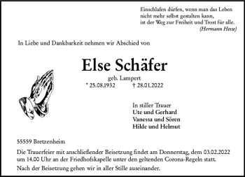 Traueranzeige von Else Schäfer von vrm-trauer Allg. Zeitung Bad Kreuznach