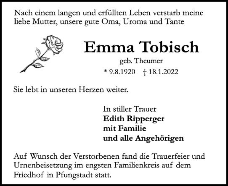  Traueranzeige für Emma Tobisch vom 05.02.2022 aus vrm-trauer Darmstädter Echo