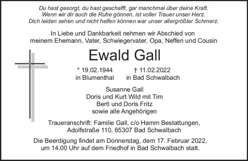  Traueranzeige für Ewald Gall vom 14.02.2022 aus vrm-trauer Wiesbadener Kurier