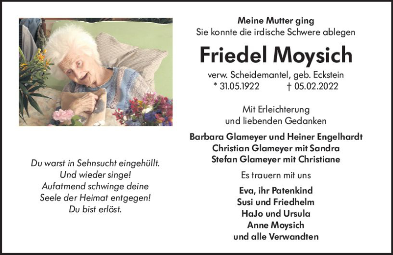  Traueranzeige für Friedel Moysich vom 12.02.2022 aus vrm-trauer Darmstädter Echo
