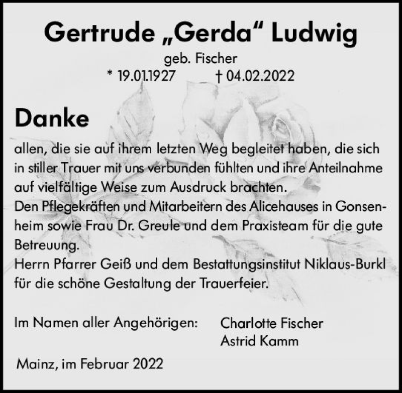  Traueranzeige für Gertrude Ludwig vom 26.02.2022 aus vrm-trauer AZ Mainz