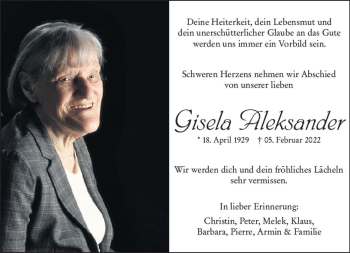 Traueranzeige von Gisela Aleksander von vrm-trauer Darmstädter Echo