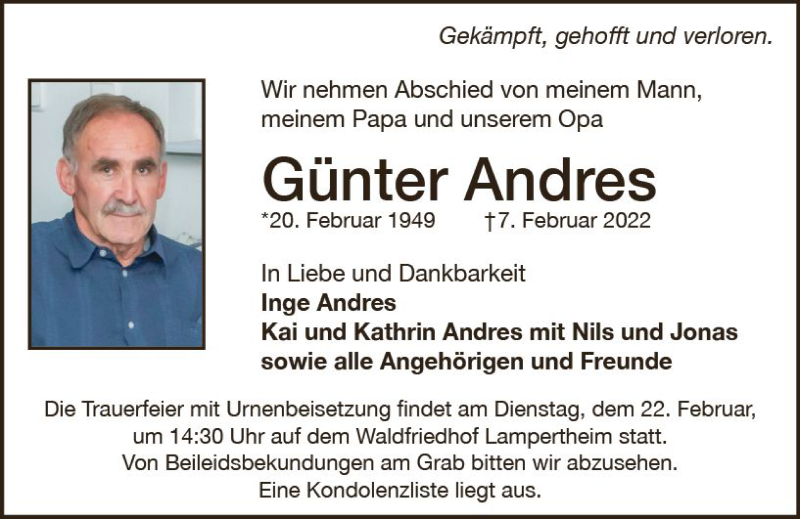  Traueranzeige für Günter Andres vom 16.02.2022 aus vrm-trauer Bürstädter/Lamperth. Ztg/Starkenburger