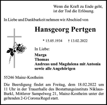 Traueranzeige von Hansgeorg Pertgen von vrm-trauer AZ Mainz