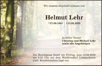 Traueranzeige von Helmut Lehr von vrm-trauer Bürstädter/Lamperth. Ztg/Starkenburger