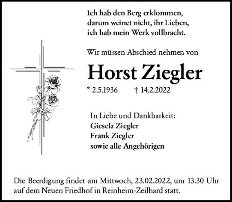  Traueranzeige für Horst Ziegler vom 19.02.2022 aus vrm-trauer Darmstädter Echo