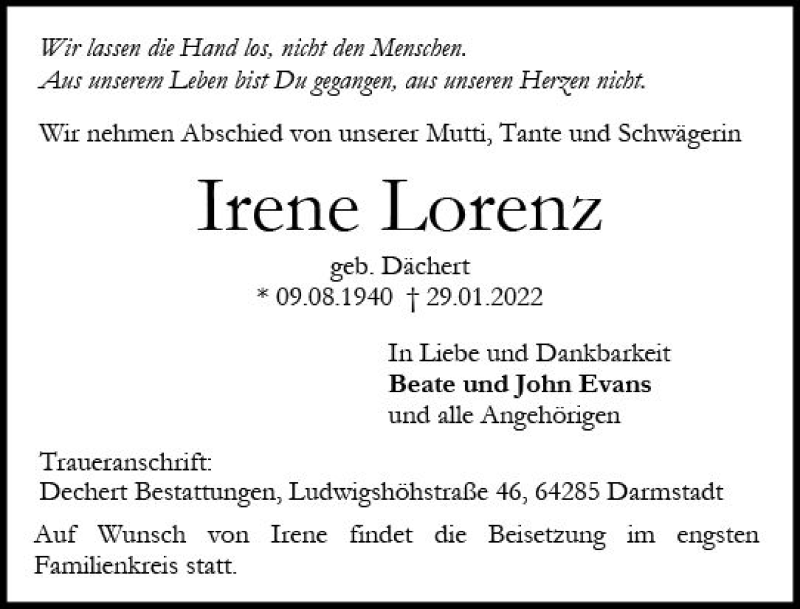  Traueranzeige für Irene Lorenz vom 05.02.2022 aus vrm-trauer Darmstädter Echo