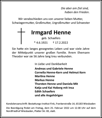 Traueranzeige von Irmgard Henne von vrm-trauer Wiesbadener Kurier