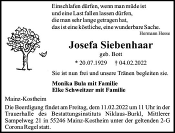 Traueranzeige von Josefa Siebenhaar von vrm-trauer AZ Mainz