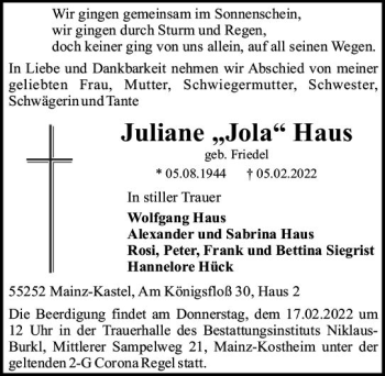 Traueranzeige von Juliane Haus von vrm-trauer AZ Mainz