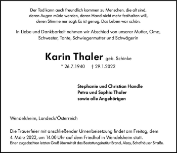 Traueranzeige von Karin Thaler von vrm-trauer Allgemeine Zeitung Alzey
