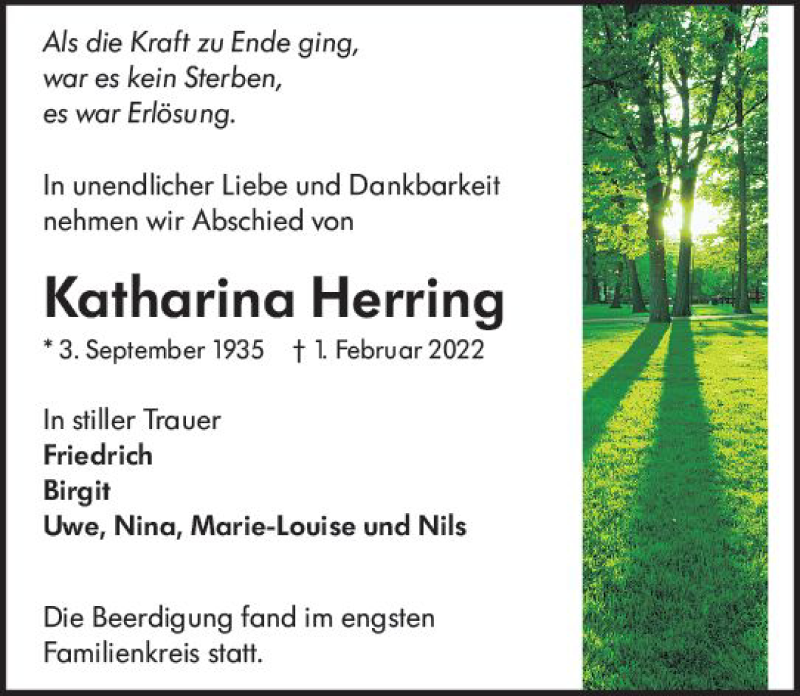  Traueranzeige für Katharina Herring vom 19.02.2022 aus vrm-trauer Darmstädter Echo