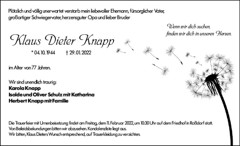  Traueranzeige für Klaus Dieter Knapp vom 05.02.2022 aus vrm-trauer Darmstädter Echo
