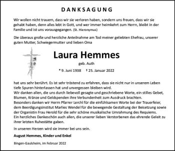 Traueranzeige von Laura Hemmes von vrm-trauer Allgemeine  Zeitung Ingelheim-Bingen