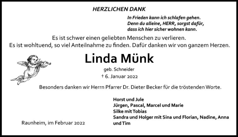  Traueranzeige für Linda Münk vom 19.02.2022 aus vrm-trauer Rüsselsheimer Echo / MainSpitze