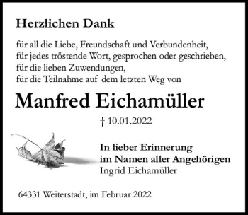 Traueranzeige von Manfred Eichamüller von vrm-trauer Odenwälder Echo